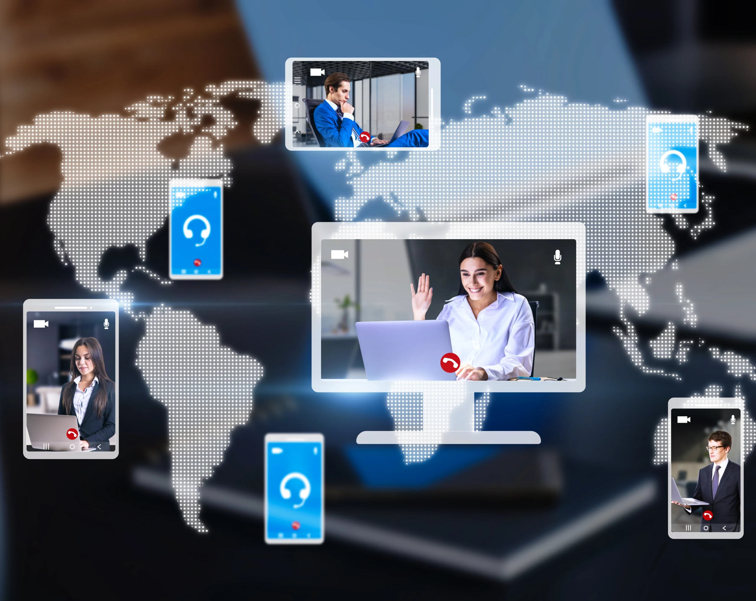 People connected across a world map through voice and video calls